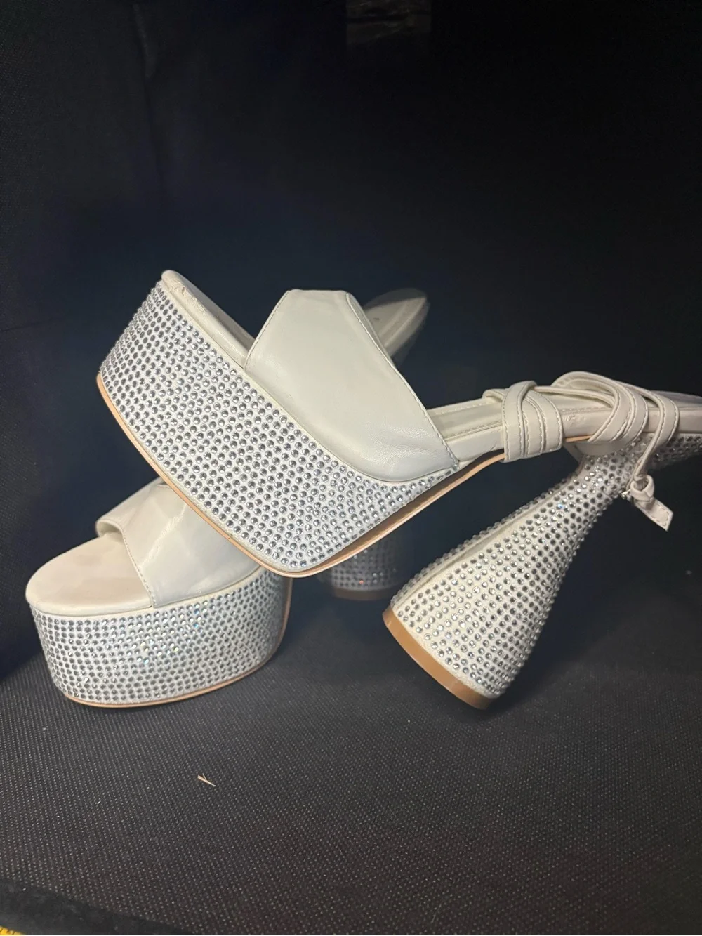 Fashion Nova Cream Rhinestone Platform Slide Sandals